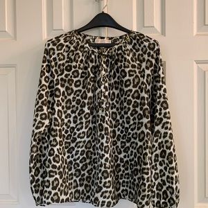 Michael Kors Green/brown animal print blouse with bronze metal grommets